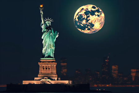 New York's Nighttime Wonder: Statue of Liberty and Supermoonの素材