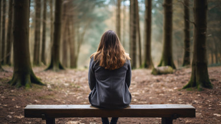Bench of Contemplation: Silent Girl in the Forest Seen from Behindの素材