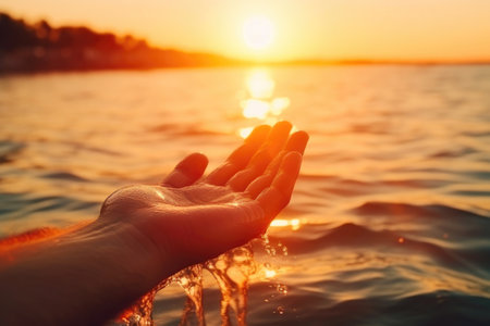 Sunset Silhouette: Hands Forming Heart Shape by the Seaの素材
