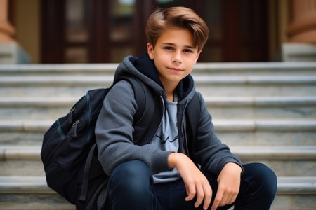 Young Student Relaxing on Steps with Backpackの素材