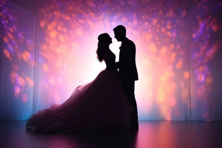 Romantic Wedding Silhouette: Groom and Bride Embracingの素材