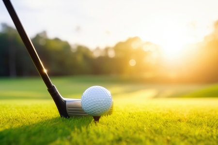 Sunrise Elegance: Golf Club and Ball Close Upの素材