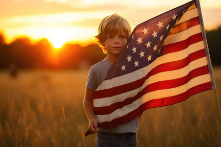 Silhouetted Boy Embracing the American Flag at Sunsetの素材