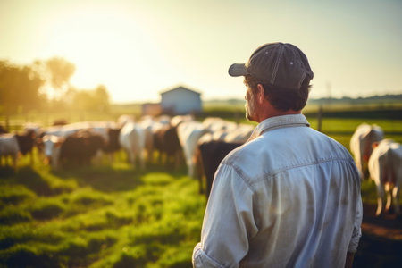 Farmer Managing Cattle Amidst Vast Natural Grasslandの素材