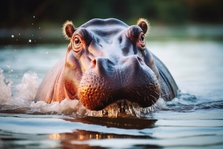 Raging Hippo in African River Sceneの素材