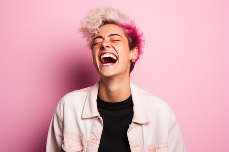 Non-Binary Person Laughing on Pinkの素材