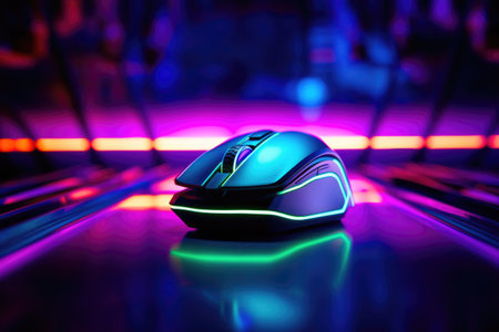 High-Tech Neon Gaming Mouse on Dark Backgroundの素材