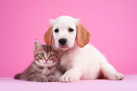 Cute Cat and Dog Cuddling in Pastelの素材