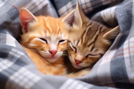Cute Tabby Kittens Napping Together on a Checkered Throwの素材