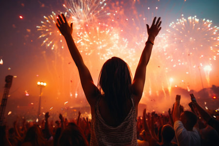 Energetic Music Festival Crowd Celebrating with Fireworksの素材