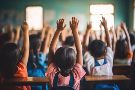 Young Schoolchild Eager to Answer in Classroomの素材
