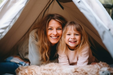 Home Sweet Home: Playful Mother and Daughter in Tentの素材