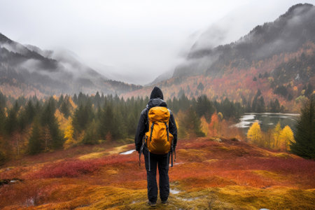 Backpacker's Adventure in the Rainy Autumn Woodsの素材