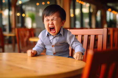 Stressed Asian Child Yelling in a Dinerの素材