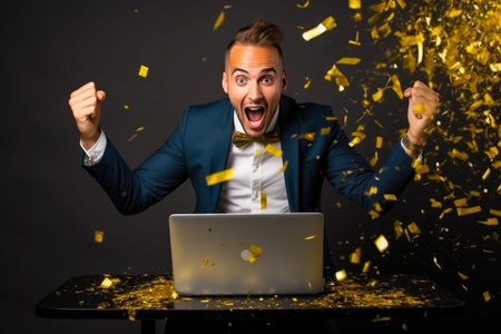 Young Man with Laptop and Gold Confettiの素材