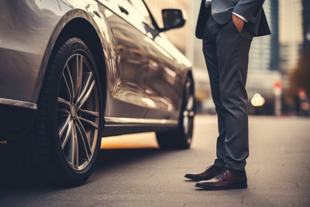 Urban Professional: Man in Suit by Parked Carの素材
