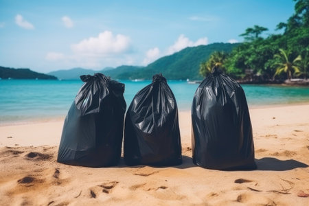 Beach Cleanup Urgency: Three Bags on Sandy Coastlineの素材