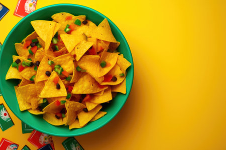 Tasty Nachos in a Vibrant Mexican Setting, Overhead Shotの素材