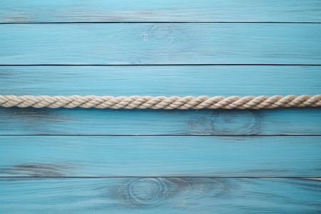 Rustic Rope Frame on a Soft Blue Wooden Surfaceの素材