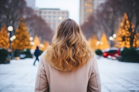 Captivating Christmas Scene: Woman and Treeの素材
