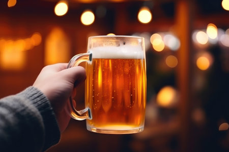 Hand Holding Frothy Beer Mug at Barの素材