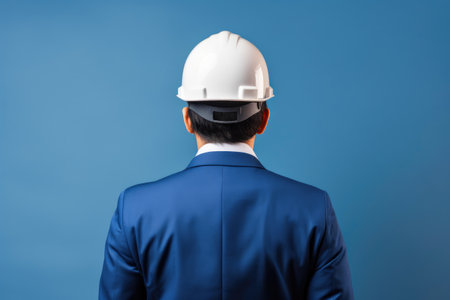 Construction Worker in Blue Suit and Helmet from Behindの素材