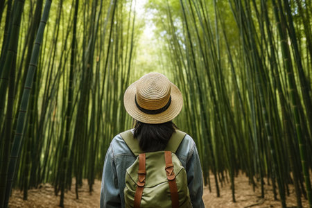 Back View of a Woman in Bamboo Forestの素材