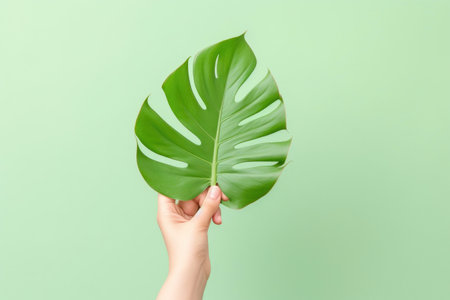 Delicate Hand Holding Monstera Leafの素材