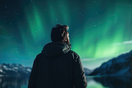 Silhouetted Man Spellbound by Aurora Borealisの素材