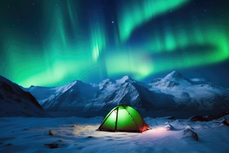 Snowy Mountain Retreat: Tent Glowing under Northern Lightsの素材