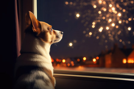 Curious Canine Gazing at Fireworks Displayの素材