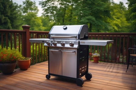 Grill Master's Delight: Close-Up of Gas BBQ in Backyardの素材