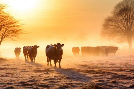 Icy Pasture Wonders: Cattle in Morning Mistの素材