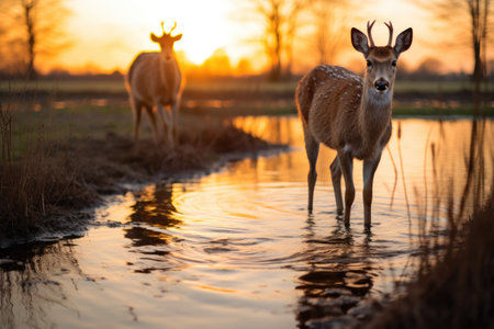 Golden Hour Elegance: Deer by the Waterの素材
