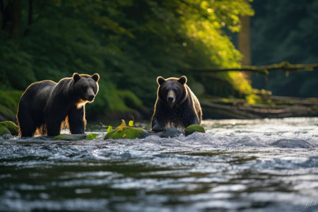 Majestic Bears Catching Fish in Riverの素材