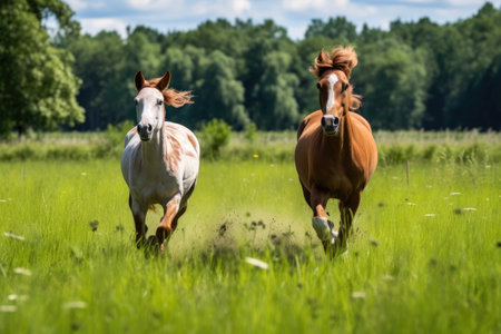 Graceful Horses Galloping in Sunlit Meadowの素材