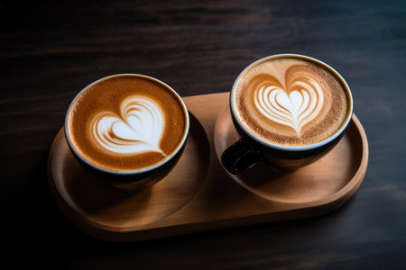 Brewed Romance: Two Lattes with Heartfelt Foam Artの素材