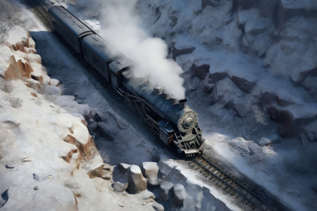 Steam Train on Icy Tracks Amidst Rocky Mountainsの素材