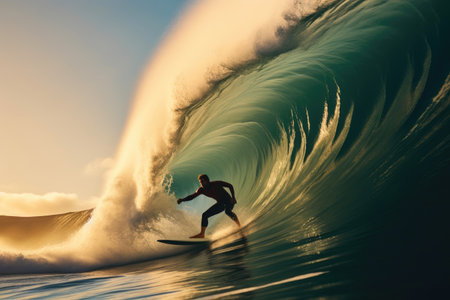 Thrilling Surfer Conquering Giant Waves Under the Sunの素材
