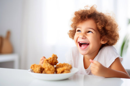 Joyful Kid Enjoying Homemade Fried Chickenの素材