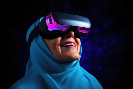 Mature Arab Woman in Hijab Experiencing VR Surpriseの素材