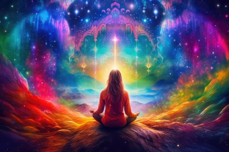 Earthly Meditation: A Joyful Woman Amidst the Starsの素材