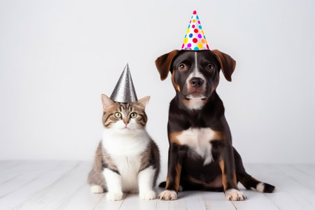 Joyful Dog and Cat Celebrating Birthday Togetherの素材