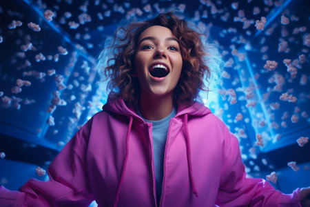 Excited Woman in Pink Hoodie Tossing Popcornの素材