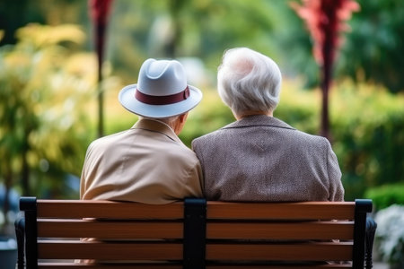 Serene Moments: Elderly Lovebirds Embracing on Park Benchの素材