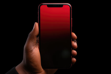 Closeup of African Hand Holding Phone Against Redの素材