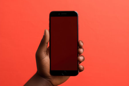 African Hand Grasping Phone Against Vibrant Red Backgroundの素材