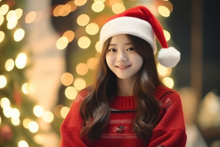 Christmas Bliss: Asian Lady in Festive Garbの素材