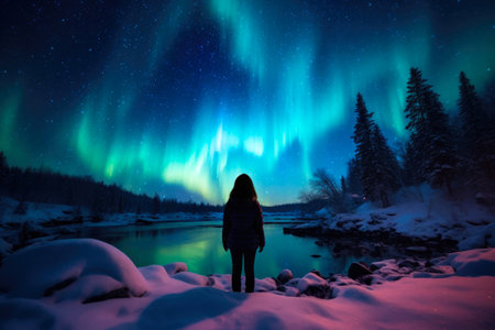 Enchanting Winter Night: Woman Mesmerized by Northern Lightsの素材