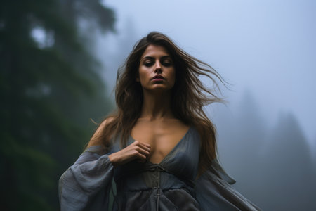 Serenity Amidst Shadows: Woman's Beauty in Misty Forestの素材